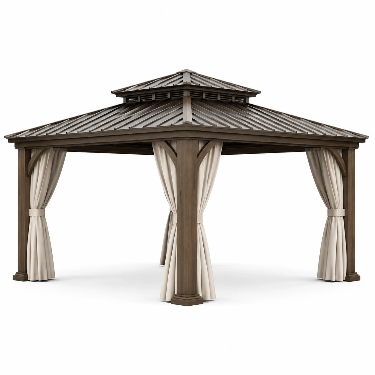Gartenpavillon aus Holz mit Stahldach und Vorhängen, Braun und Beige, 360 × 300 × 300 cm