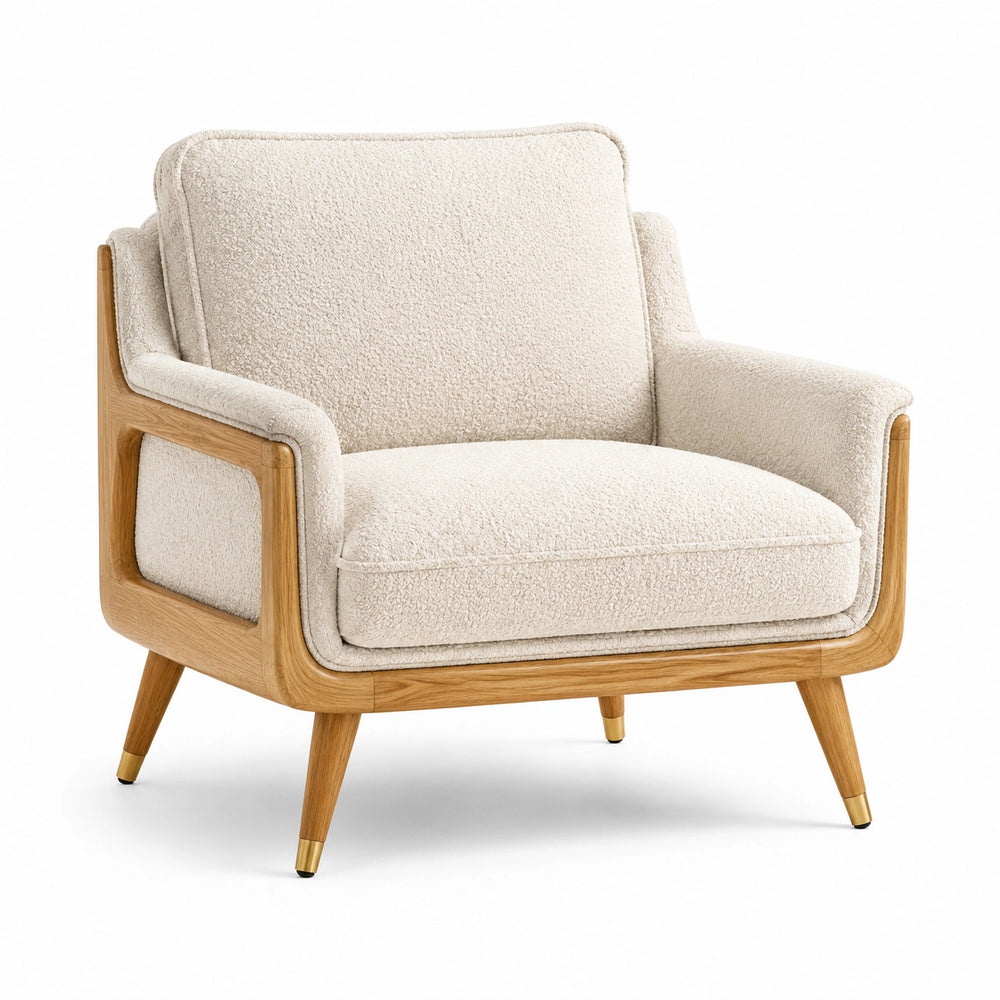 Sessel aus cremeweißem Strukturstoff mit Naturholzrahmen, 95 × 90 × 84 cm, Retro-Stil