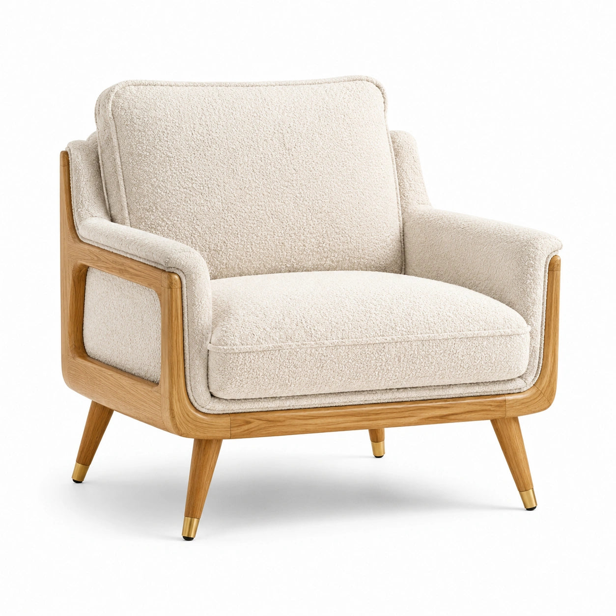 Sessel aus cremeweißem Strukturstoff mit Naturholzrahmen, 95 × 90 × 84 cm, Retro-Stil