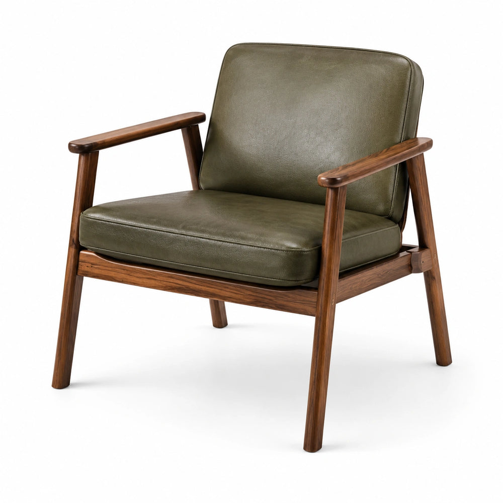 Gepolsterter Loungesessel aus Holz und Kunstleder, Olivgrün/Braun, Retro-Stil, 78 × 75 × 80 cm