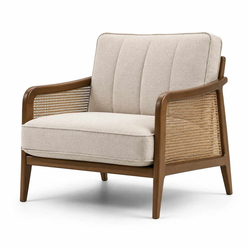 Polstersessel im Retro-Stil, 76 × 82 × 83 cm, Holzgestell mit Geflecht, Beige/Braun/Natur