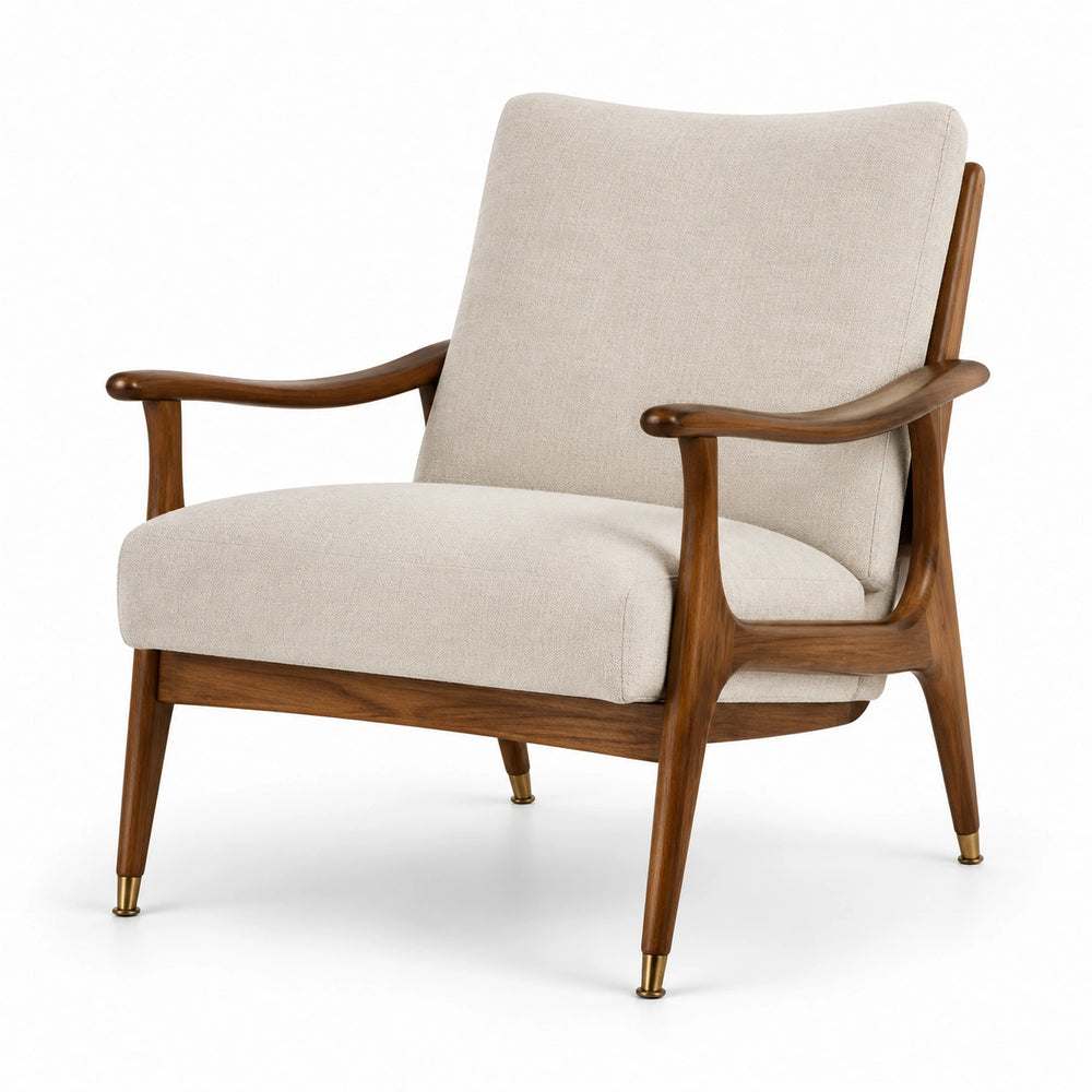 Loungesessel aus Holz mit Textilbezug und Armlehnen, Beige, Braun und Goldfarben, 75 × 82 × 83 cm