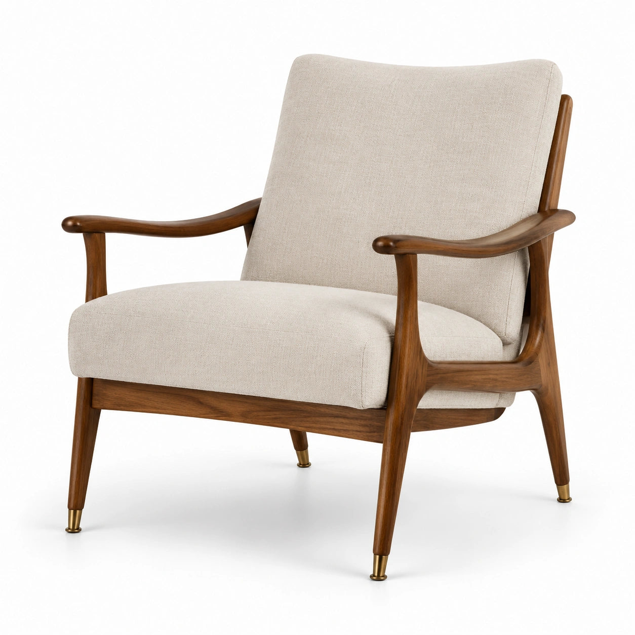 Loungesessel aus Holz mit Textilbezug und Armlehnen, Beige, Braun und Goldfarben, 75 × 82 × 83 cm