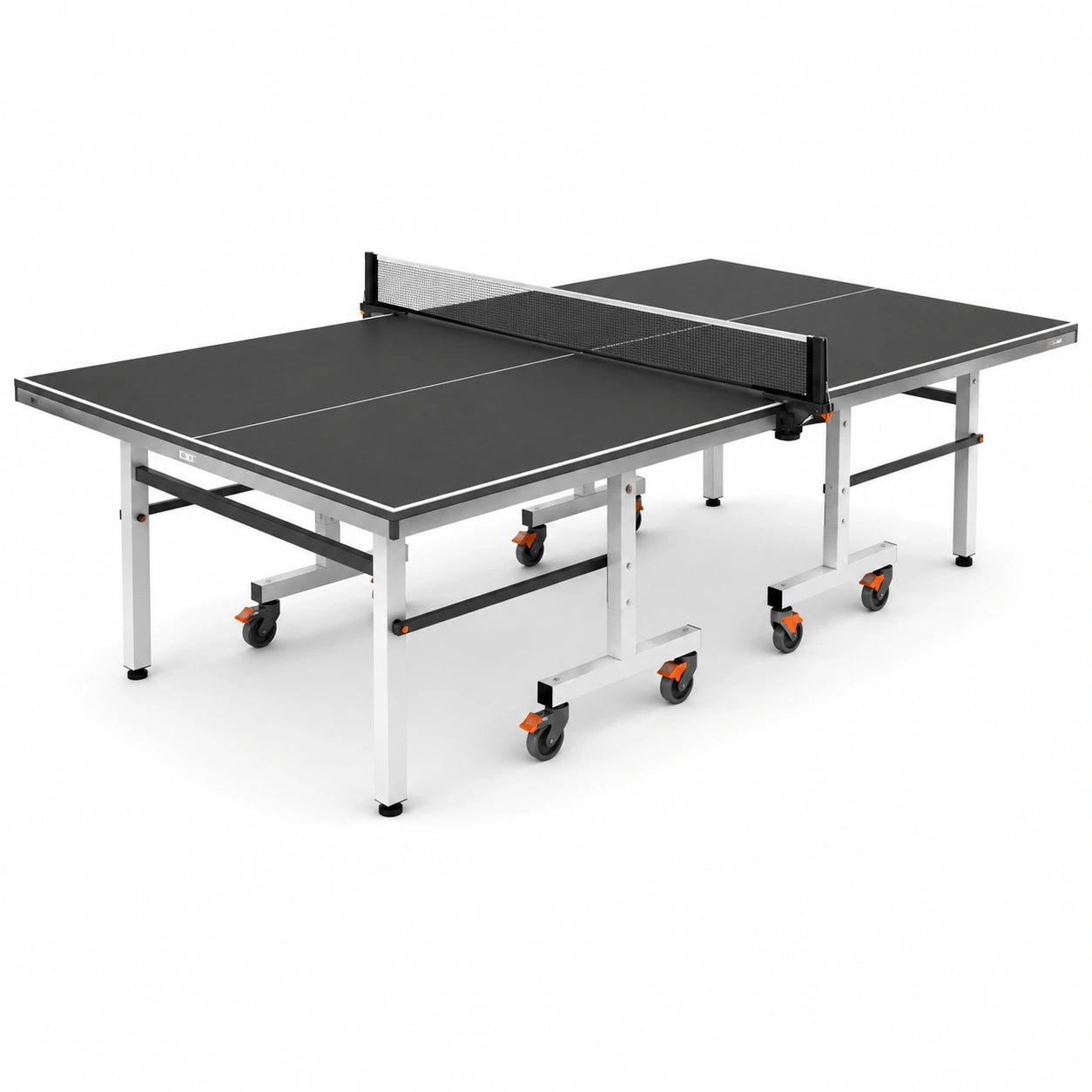 Klappbare Tischtennisplatte, 274 × 152,5 × 76 cm, Holzwerkstoff und Metall, Schwarz/Silber/Orange, fahrbar